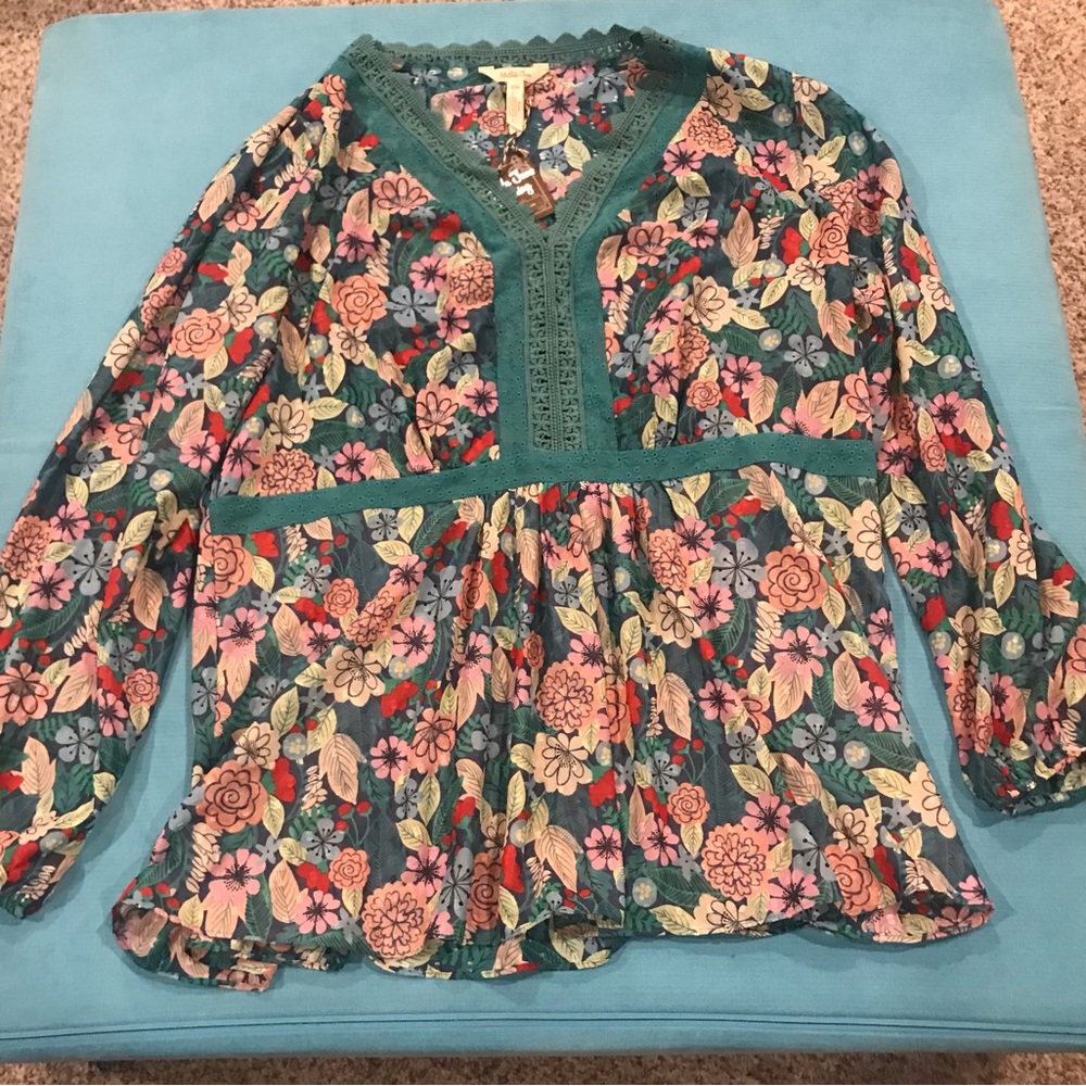 Matilda Jane Teal Floral Peplum Top with Pink & Cream Accents